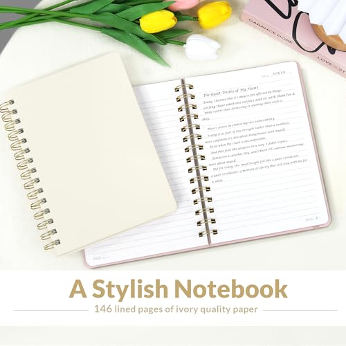 SUNEE Lined Spiral Journal Notebook for Women, 146 Pages College Ruled Hardcover Journaling Notebook for Work, Note Taking and Office School Supplies, A5 - Beige - color: Beige