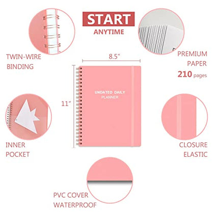 Undated Daily Planner - Undated Planner with Hourly Schedules, Action Items and Follow-up, A4 Daily Organizer Notebook to Increase Productivity, Appointment Book for Time Management, 8.5 × 11 Inch - color: Pink