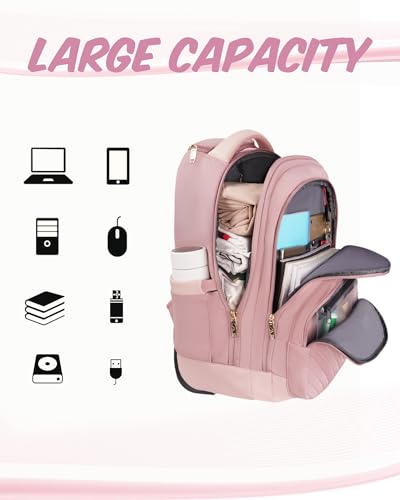MATEIN Rolling Backpack for Women, 17 Inch Travel Laptop Backpacks with Wheels, Large Carry On Business Luggage Roller Backpack, Waterproof Trolley Suitcase Overnight College Work Computer Bag, Pink | TSA-Friendly Design, Wet Dry separation pocket, Backpa