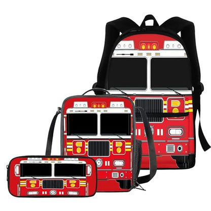 BIGCARJOB Boys School Bags Set 3 Pcs Cute Ambulance Print Backpack Set with Lunch Box Pencil Holder for Teens Kids Rucksack Cartoon Ambulance School Bookbags Set - color: B Cute Ambulance, size: One Size