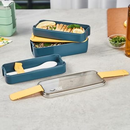 Restaurantware Bento Box 1 Count 30 Ounce Plastic Lunch Box Stackable With Cutlery, Leakproof Microwave-Safe Meal Prep Container Stackable Blue - size: 1 Count, style: 30 oz - Blue