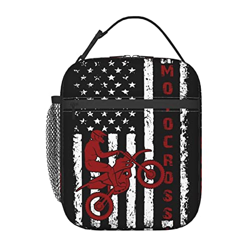 Motorcycle American Flag Lunch Boxs for Men Women, Dirt-Bike Motocross Lunch Bag for Kids, Portable Reusable Insulated Lunch Bag for School Work Picnic Travel - color: Motorcycle American Flag, size: 10x4x8 Inch