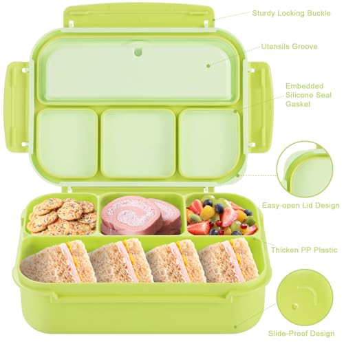 shell and turtle Bento Box Adult Lunch Box, Lunch Containers for Kids Girls Boys with 4 Compartments, Lunchable Food Container with Utensils, Sauce Jar, Muffin Liners, 40 Oz/5 Cup, Bright Green - color: Bright Bright Green