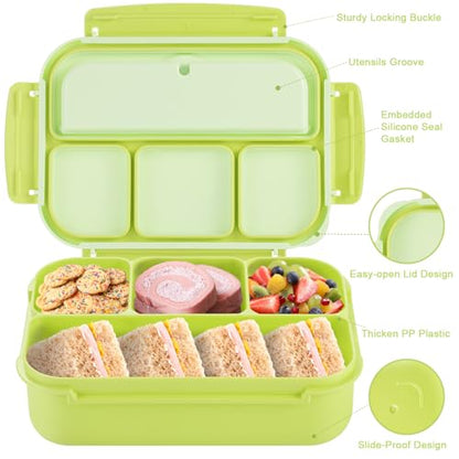 shell and turtle Bento Box Adult Lunch Box, Lunch Containers for Kids Girls Boys with 4 Compartments, Lunchable Food Container with Utensils, Sauce Jar, Muffin Liners, 40 Oz/5 Cup, Bright Green - color: Bright Bright Green