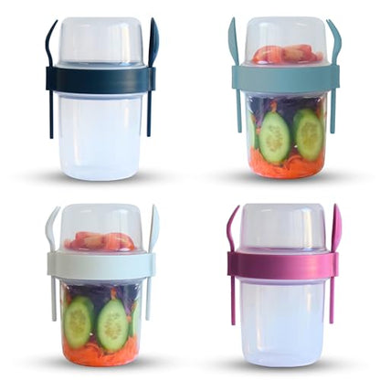 salda 4 Pack 22 oz Breakfast On the Go Cups, Take and Go Yogurt Cup with Topping Cereal Cup with spoon and fork, Overnight Oats or Oatmeal Container Jar, Colorful Set of 4