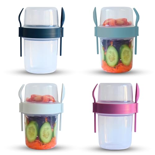 salda 4 Pack 22 oz Breakfast On the Go Cups, Take and Go Yogurt Cup with Topping Cereal Cup with spoon and fork, Overnight Oats or Oatmeal Container Jar, Colorful Set of 4