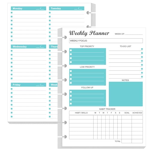 Junior Size Undated Weekly Planner Refills - 8-Disc 53 Sheets/106 Pages Weekly Planner for Half Letter Size, 100 gsm White Paper, Lasts 1 Year, Undated, 5.8" x 8.3", Teal - size: 1-Pack, style: 8-Disc/Junior Size