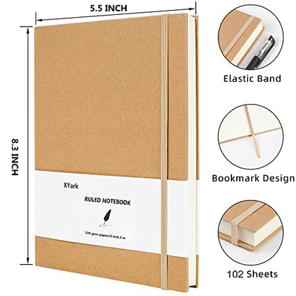 A5 Line Kraft Notebook Journals Bulk, College Ruled Hardcover Writing Subject Composition Notebooks with Lined Paper, 2 Pack, 120GSM, 102 Sheets, 5.5x8.3 inch, Travel Journal Set - style: Lined