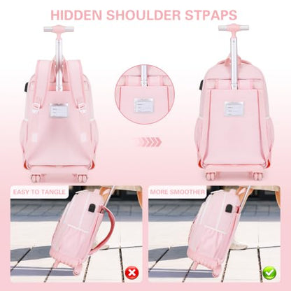 DIGOBAY Rolling Backpack for Girls, Cute Girls Backpack with Wheels, Kids Wheeled backpacks Set with Lunch Bag Pencil Case for Teen Girl, Roller School Bag with Wheels for Elementary Middle School - color: Pink
