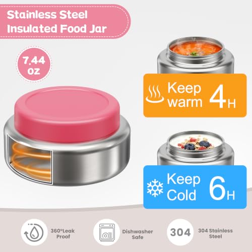 Pawtong Stainless Steel Bento Box Kids Adult with 7oz Insulated Food Jar, Transparent Lid Metal Lunch Box With Soup Thermal Jar, Lunch Box Container with Removable Divider & Sauce Cup School (Pink) - color: Pink