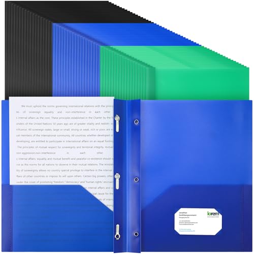 Cholemy 72 Packs Pocket Folders with Prongs Heavy Duty Plastic Folder with Business Card Slot 3 Prong Fasteners for School Office (Black,Blue,Green) - color: Black, Blue, Green