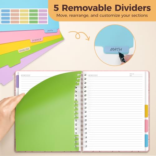 Hardcover Spiral Notebook Journal for Women & Men, Cute 5 Subject Notebook College Ruled for School & Work, Pink Journaling Notebooks with Removable Dividers Tabs, 8" x 10", 300 Pages, Bows - color: Pink Bow