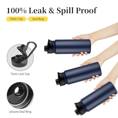 24 oz Insulated Water Bottle with Straw Lid & Wide Mouth Lids, Stainless Steel Sports Water Bottles, Double Walled Vacuum, Leak Proof, Blue Black Gradient - color: Navy Blue, size: 24 Ounces