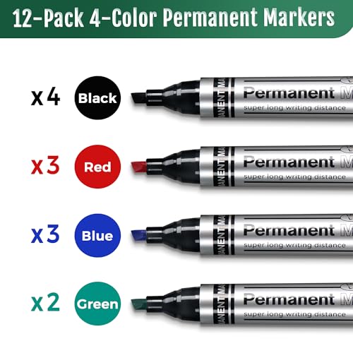 SELEAD Large Permanent Markers Black Red Blue Green - 12 Pack Chisel Tip Waterproof Quick Drying Pens Set for Home, Office, Industrial, Warehouse, Logistics Company