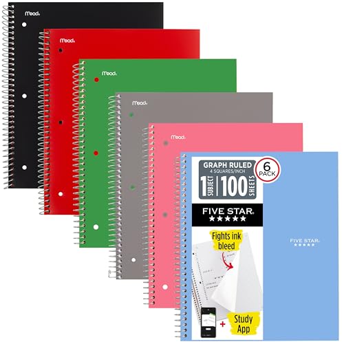 Five Star Spiral Notebook + Study App, 1 Subject, Graph Ruled Paper, 8.5" x 11", 100 Sheets, Assorted Colors, 6 Pack (73549) - size: 6 Count (pack of 1)