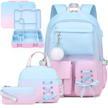 Scothen Backpack for Girls with Bento Lunch Box Set, School Bag Bookbag for Teens Girls Kids Student, 43oz Lunch Containers Lunchbox, Insulated Lunch Bag & Pencial Case, Back to School Gifts - color: Blue Pink