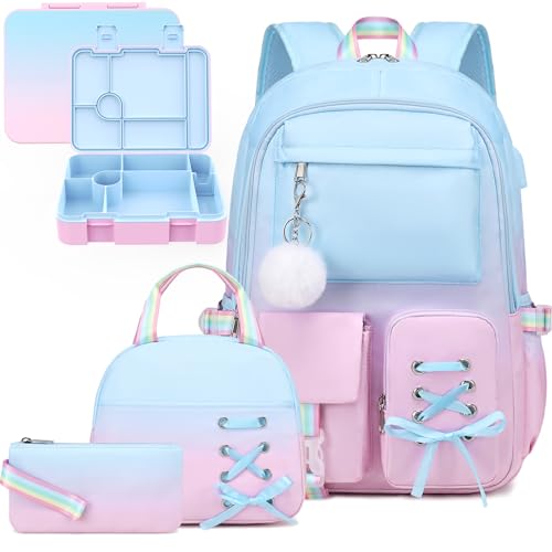 Scothen Backpack for Girls with Bento Lunch Box Set, School Bag Bookbag for Teens Girls Kids Student, 43oz Lunch Containers Lunchbox, Insulated Lunch Bag & Pencial Case, Back to School Gifts - color: Blue Pink