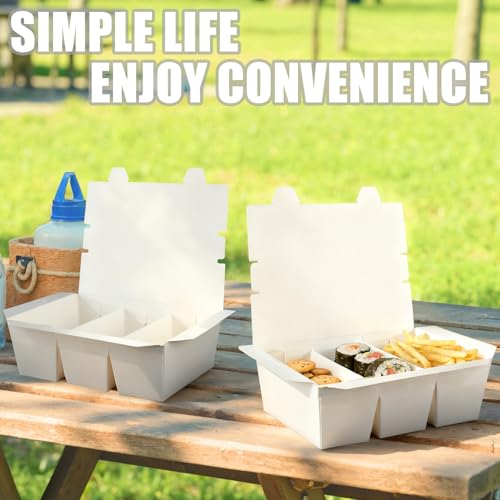 30 Pack 3 Compartment Paper Take Out Food Containers, 7.5x5.4x2.6" White Take Out Boxes, Disposable To Go Container Take Out Containers, Greaseproof Paper Bento Box Takeout Lunch Boxes with Lid - color: White-Flip Top
