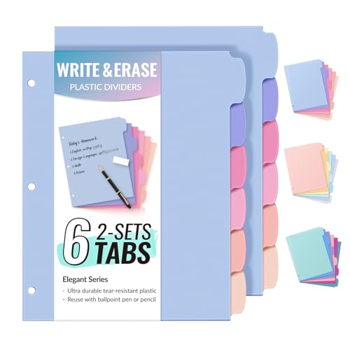 Sooez 6-Tab Durable Plastic Write & Erase BigTab Dividers for 3 Ring Binder | Aesthetic Cute Binder Dividers for Student, Teacher, Office, Home Organizers, 2 Sets, Elegant - color: Elegant, size: 2 set