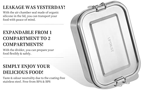 UPTRUST Leak Proof Stainless Steel Lunch Food Container, Large Bento Boxes Metal Lunch Box for Kids or Adults - Lockable Clips (1400ML/47oz) - size: 1400 ML - 2-Compartment