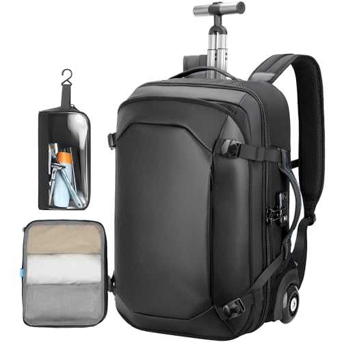 Rolling Laptop Backpack, Carry on Backpack with Wheels, Water Resistant Carry on Suitcase with 2 Packing Cubes, TSA Large Travel Wheeled Backpack for Men to Airline Work Business, Black - color: Black-518