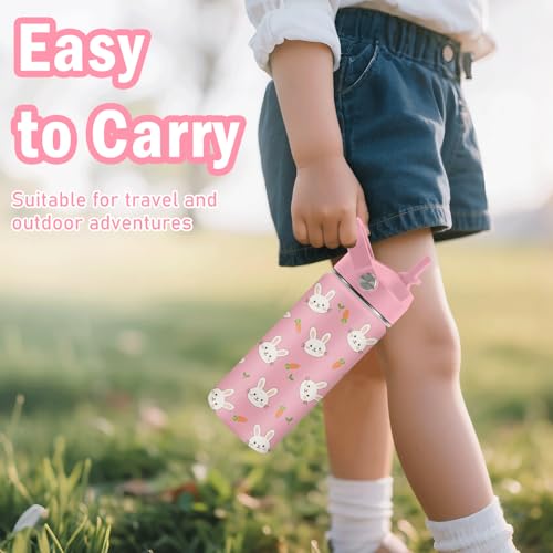 Hiboss Rabbit Water Bottle for Girls, 16oz Kids Water Bottle Stainless Steel Insulated with Straw Lid, Pink Rabbits Travel Cup Tumbler for Birthday Gift - color: Rabbit
