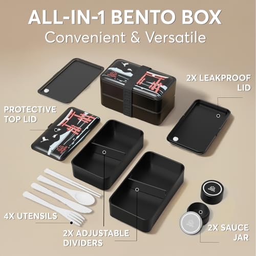 Umami Bento Box Adult, Leakproof, All-in-1 Lunch Containers for Adults | 40 oz, microwave & dishwasher safe, 4 utensils & sauce jar included, stackable, BPA-free, Matte Black - Miyajima - color: Matte Black - LE Miyajima, size: M - 40 oz