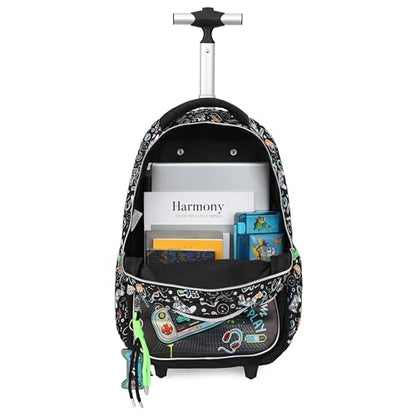 Cartoon Rolling Backpack for Boys Girls, Kids 5 Pcs Wheeled Backpack, Travel Backpack for Elementary Students (Game Black) - color: Game Black