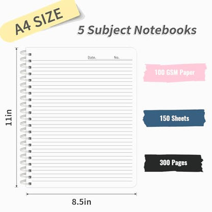 5 Subject Notebook College Ruled 300 Pages Hardcover Spiral Notebook with Removable Dividers Tabs, 8.5" x 11" 100GSM Large A4 Lined Journal Notebooks for Work School - color: pink