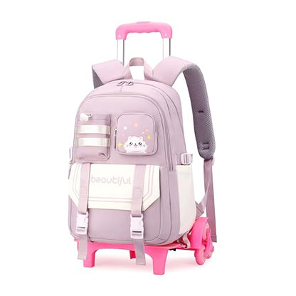 Cat Print Rolling Backpack for Girls Kids Backpack with Wheels Roller Bookbag Preschool Trolley School Bag Wheeled Bag Purple - color: 6 Wheels Purple A1, style: 6 Wheels