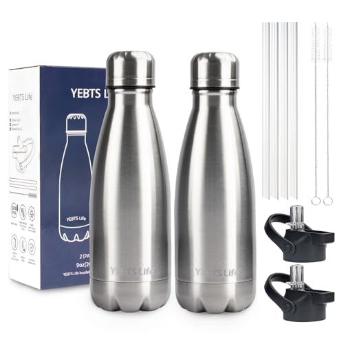 Insulated Water Bottle, 2 Pack-9oz Stainless Steel Water Bottles with straw lid, Metal Sports Water Bottles for Boys,Girls, Double Wall Vacuum BPA-Free Flask for School, Sports & Travel (Silver) - color: Silver/2 pack, size: 9 Ounces