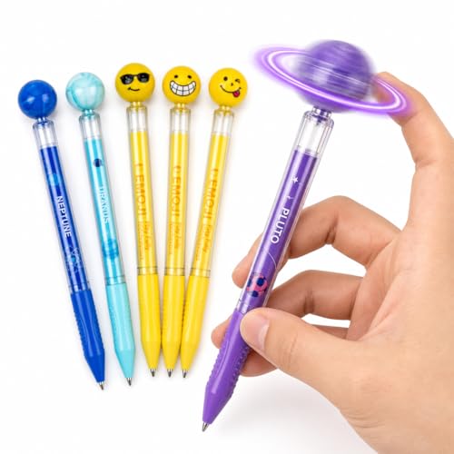 6 Pack Fidget Spinner Pens - 360° Rotating Ball Gel Pens, 0.5mm Black Ink Quick-Dry Planet & Emoji Retractable Pens for Kids & Adults, Stress Relief Stationery Office School Supplies Gift