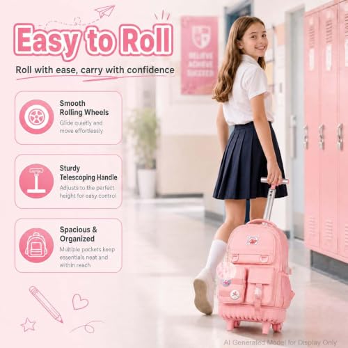 WZLVO Rolling Backpack for Girls Women, 21 inch Water Resistant Roller Wheels Backpacks, Wheeled Bookbag with Lunch Bag for Teen Elementary School Travel - Pink - color: Pink