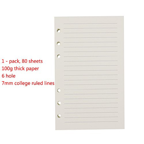 6-Ring A6 Binder/Planner Refill Paper, 6 Hole,6 3/4 x 4 1/8 Inches Refillable White Paper for Loose Leaf Binder Notebook Diary Traveler Journal Inserts, 80 Sheets/160 Pages,Lined