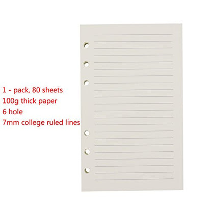 6-Ring A6 Binder/Planner Refill Paper, 6 Hole,6 3/4 x 4 1/8 Inches Refillable White Paper for Loose Leaf Binder Notebook Diary Traveler Journal Inserts, 80 Sheets/160 Pages,Lined