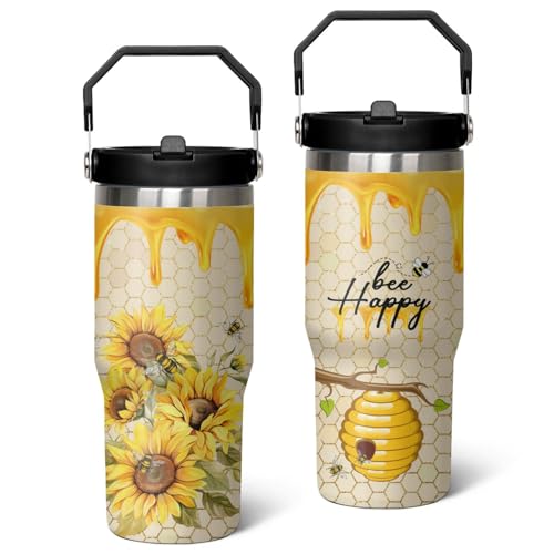 Queen Hero 30 oz Bee Tumbler with Handle, Large Insulated Tumbler with Flip & Straw Coffee Mug Cup Stainless Steel Gifts for Women Men Youth - color: Gold