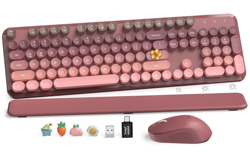 Wireless Keyboard and Mouse Combo, Cute Retro Typewriter Keyboard with Round Keycaps, Magnetic Wrist Rest, Full-Size Aesthetic Design, 2.4GHz Wireless for Mac, Windows PC, SABLUTE CK23, Pink Gradient - color: Pink Gradient