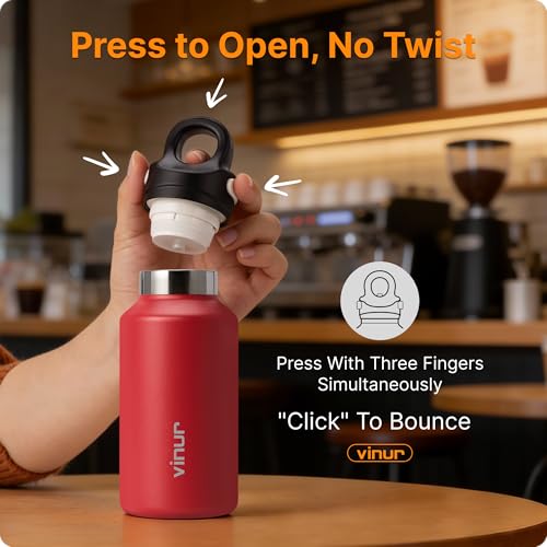 Vinur 12 oz Stainless Steel Insulated Water Bottle with Push Button Lid-One-Hand Operation - Leakproof Metal Travel Compact Water Bottle for Girl Women, Canyon Red - color: Canyon Red, size: 12 Ounces