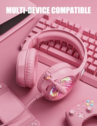ZIUMIER Z20 Pink Gaming Headset with Microphone, Compatible with PS4 PS5 Xbox One PC Laptop, Over-Ear Headphones with LED RGB Light, Noise Canceling Mic, Stereo Surround Sound (Pink) - color: Pink