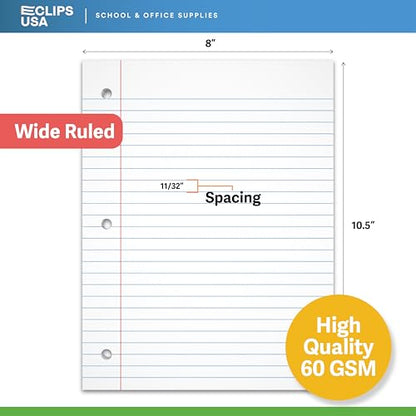 Wide Ruled Loose Leaf Paper Wide Ruled Notebook Paper Lined Writing Filler Paper 10.5” x 8” 56 gsm 600 Sheets 100 Sheet Per Pack (6 Pack) - size: 6 Pack