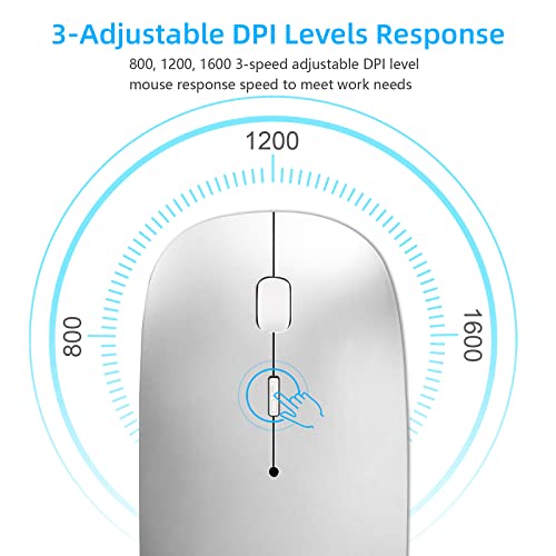 Wireless Mouse for Laptop Cpmputer,Bluetooth Mouse for MacBook,Silver | Rechargeale Dual Mode(USB 2.4Ghz + Bluetooth 5.2) Silent Portable Cordless Mice with USB C Adapter