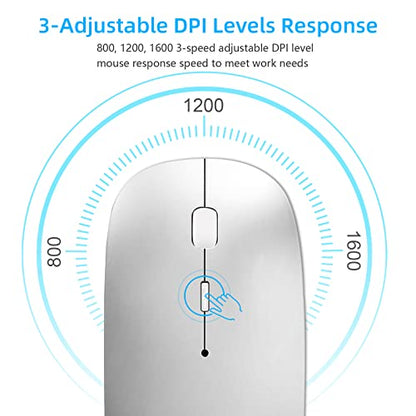 Wireless Mouse for Laptop Cpmputer,Bluetooth Mouse for MacBook,Silver | Rechargeale Dual Mode(USB 2.4Ghz + Bluetooth 5.2) Silent Portable Cordless Mice with USB C Adapter