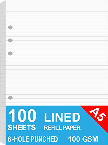 A5 Lined Paper, Refills for Filofax Planner, Organizer, Binders, 6 Hole Punched, 100 Sheets/200 Pages, 100gsm, White, 5.8 x 8.2 Inch - size: 100 Sheets