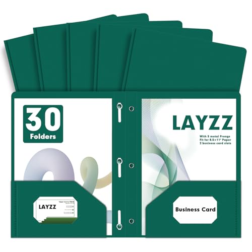 Plastic 2 Pocket Folders with Prongs, 30 Pack, Heavyweight, Letter Size Poly Folders with 3 Metal Prongs Fastener Clips (Green) - color: Green
