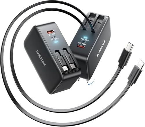 SUPERONE Retractable Wall Charger with USB C & Apple Fast Charging Cables | 78W GaN 4 Ports Charger, 90cm USB C & Apple Retractable Cables, for iPhone 17-12, iPad, Samsung,Google pixel 7-10 & More