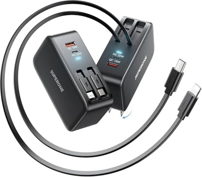 SUPERONE Retractable Wall Charger with USB C & Apple Fast Charging Cables | 78W GaN 4 Ports Charger, 90cm USB C & Apple Retractable Cables, for iPhone 17-12, iPad, Samsung,Google pixel 7-10 & More