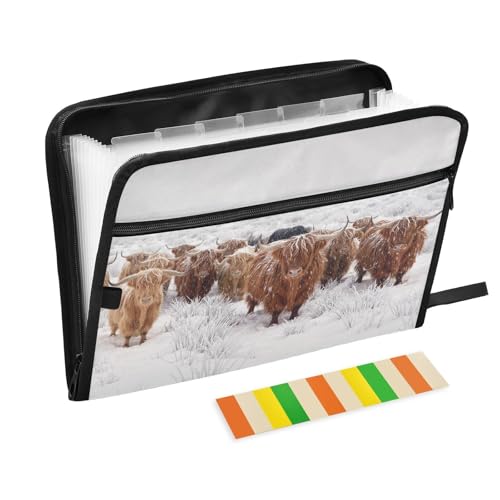 Scottish Highland Cow Winter Expanding Accordion File Folder with 13 Pockets and Zipper Closure - color: Scottish Highland Cow in a Natural Winter