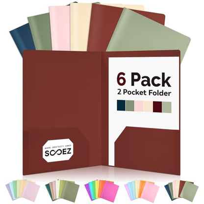 Sooez 6Pack Folders with Pockets, Pocket Folders with Extra Labels, Plastic Folders with Pockets, 2 Pocket Folders Bulk, Heavy Duty File Folders, School Folders Business Folder Office Filing Supplies - color: Retro Colors