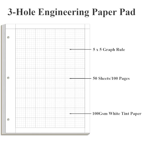 Yaridar Engineering Computation Pad - 50 Sheets/100 Pages Graph Paper, 5 x 5 Graph Rule on Back, 3-Hole Engineering Notebooks, 100 Gsm White Tint Paper, 8-1/2" x 11" - size: 1-Pack, style: 3-Hole-Black