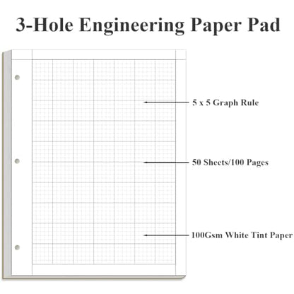 Yaridar (3-Pack) Engineering Computation Pad - 50 Sheets/100 Pages Graph Paper, 5 x 5 Graph Rule on Back, 3-Hole Engineering Notebooks, 100 Gsm White Tint Paper, 8-1/2" x 11" - size: 3-Pack, style: 3-Hole-Black